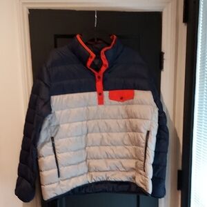 Blue and Gray Puffer Jacket with Orange Accents